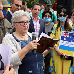 Woman speaking at the Support Ukraine Rally, Hindmarsh Square